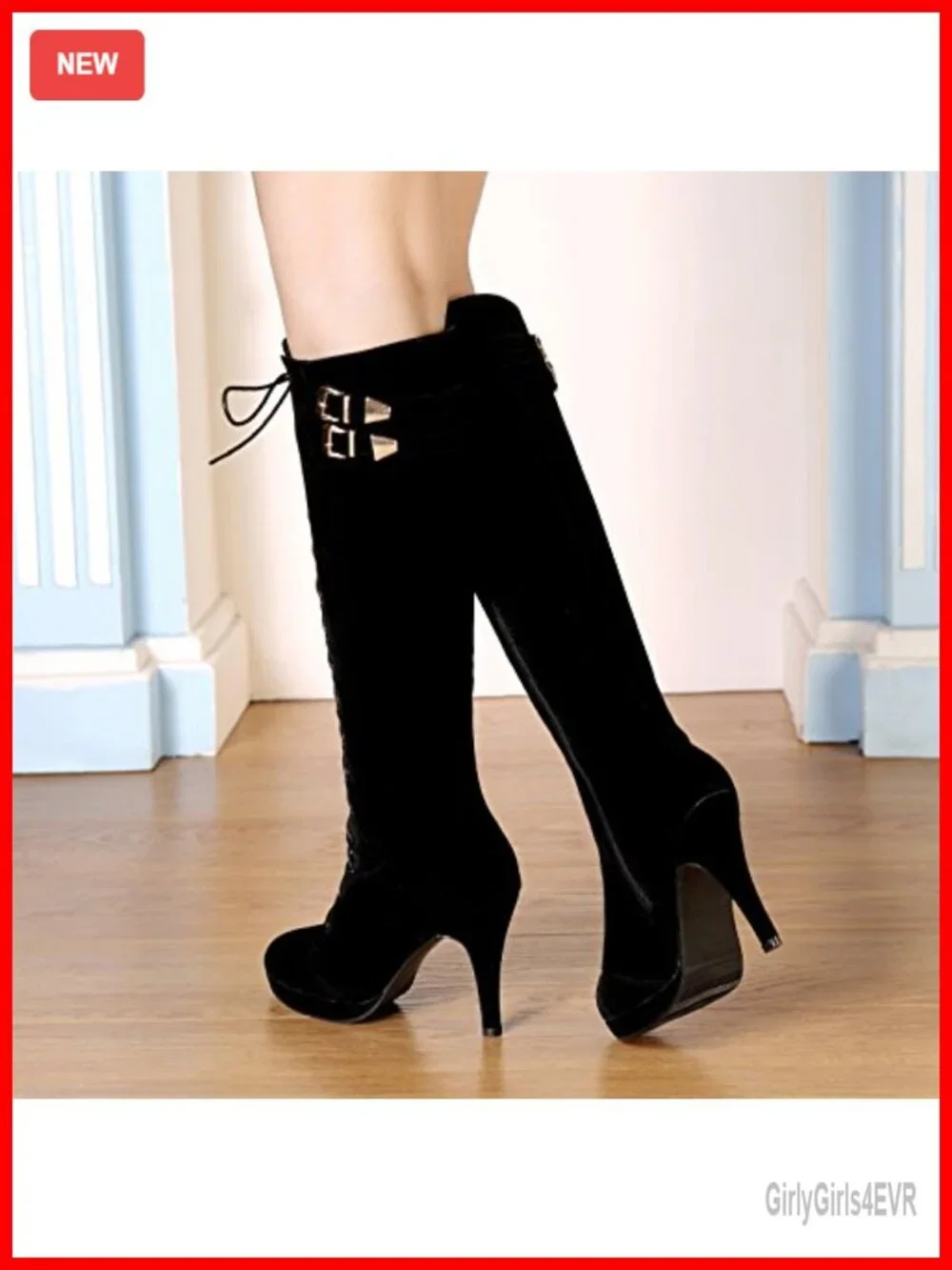 Suede Knee High Lace Up Heeled Boots with Side Zipper & Buckle